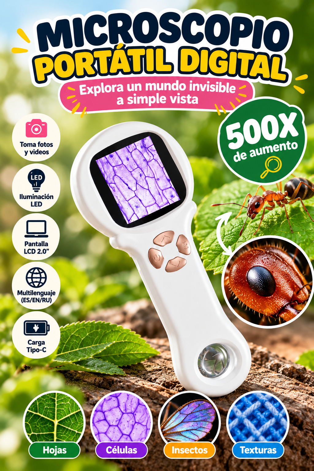 Microscopio Digital Infanil 500X - Luz Led/Fotos/Videos