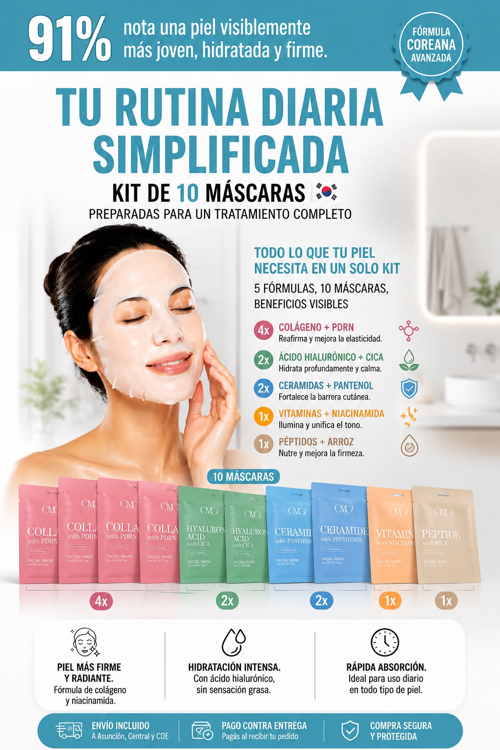 Kit 10 Mascarillas Faciales Coreanas OMG! Hidratación, Firmeza y Luminosidad